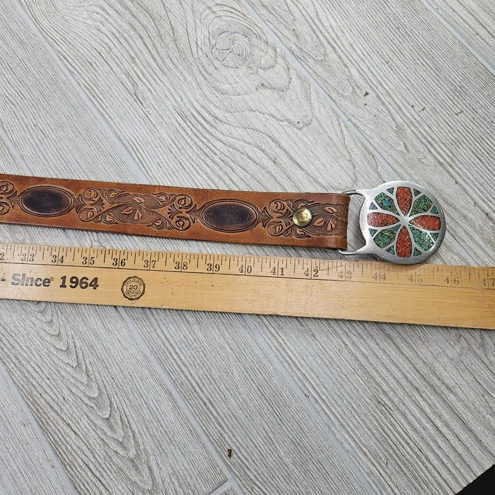 Indiana Metal Craft R J RobertsRainbow Jewelry Turquoise Inlay Buckle 1970s